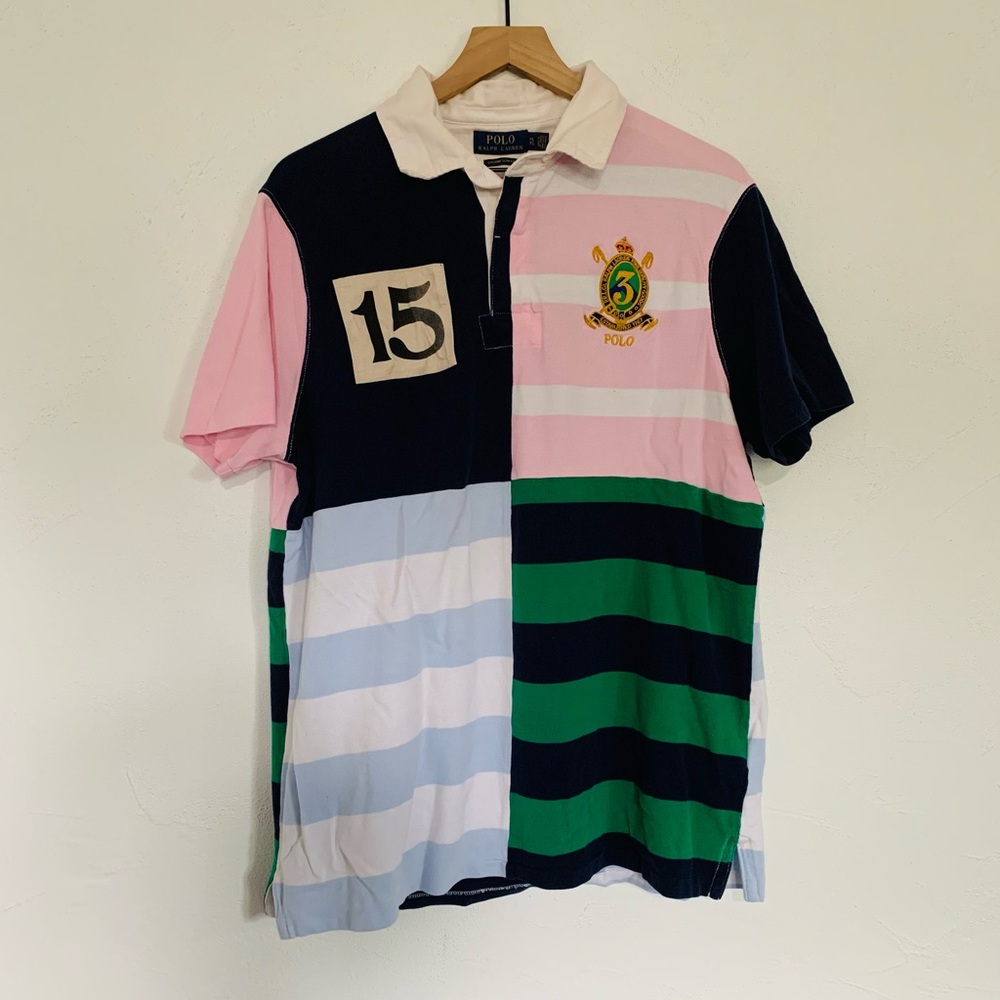 Polo Ralph Lauren Mesh/Pique stripe pink green Rugby 15 Custom Slim Fit Shirt XL